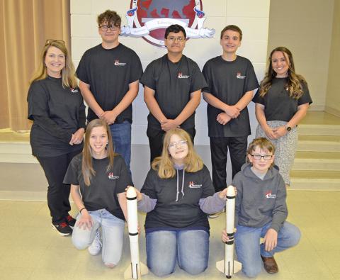 Haleyville City Schools Rocketry Team members headed to nationals this month. Back row from left, HCS STEAM Director Candy Garner, students Hunter Nolen, team captain; Ian Ramos, Warren Hicks and Team Sponsor Lynsi Bragwell. Front row, from left, MaKenzee Miller, Kaylee Parrish and Aiden Armstrong.