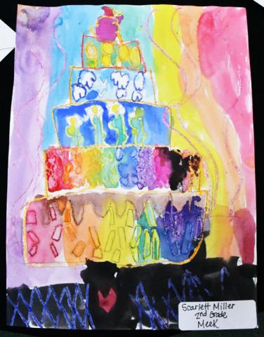 A colorful painting of a six-tiered cake by Meek second grader Scarlett Miller.