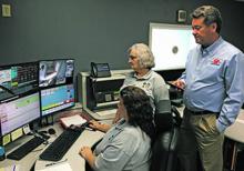 Winston County E-911 Director Tim Webb sends the first 911 text on ANGEN,  which was received by Dispatch Supervisor Deborah Hardy. Also shown is dispatcher Debbie Tidwell.
