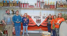From left, MHS Band of Champions Director Kevin Dunham, band students Chase Herron,   Tori Payne, Suzie Feist, Mallory Taylor and Holli Hyche with the large 1A state champion award plus individual awards the band received at the second annual statewide competition.