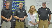 At the program education Phillips High School students about vaping are, from left, Bear Creek Police Officer Noah Markham, Phillips School Resource Officer David Richards, Alabama Cooperative Extension Service Regional Extension Agent Elaine Softley and Bear Creek Police Chief Eddie Collins.