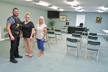 From left, Arley Police Chief Levi Brown,  Court Clerk/Assistant Librarian Dana Kulbeth and Town Clerk Tammi Farley at the new location of municipal court on the second floor of the Arley Public Library next door to Arley Town Hall.
